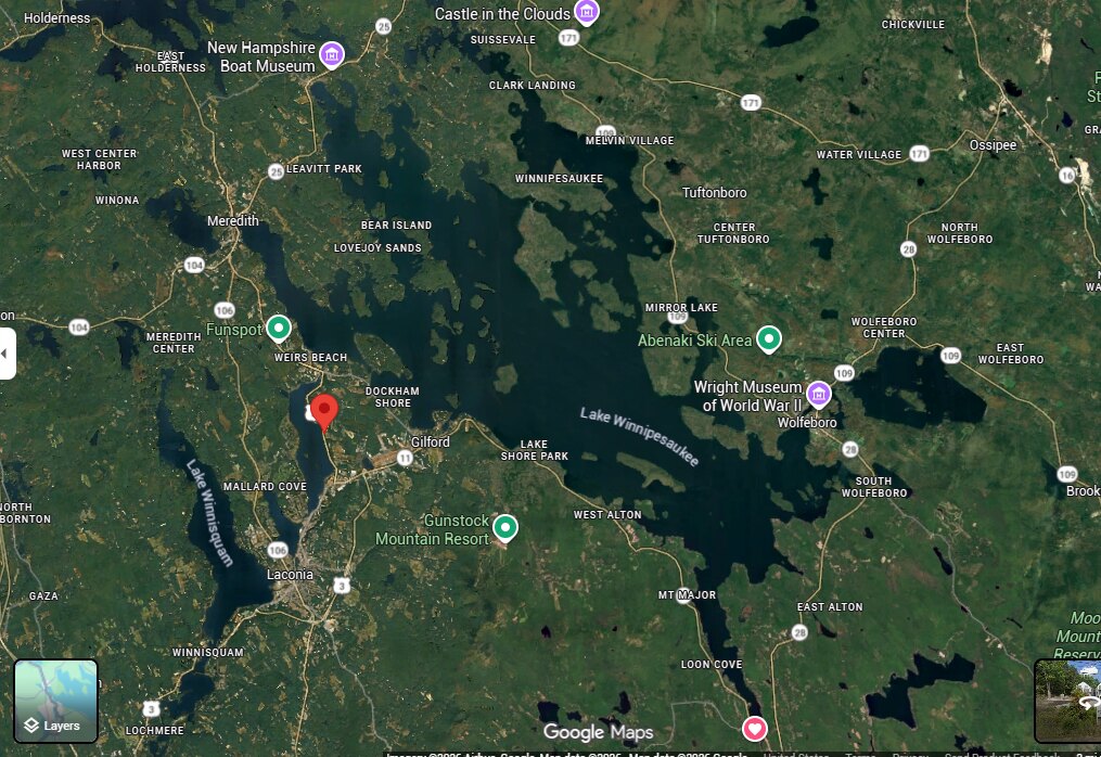 Map overview of Lake Winnipesaukee with the west-shore property area marked near Laconia